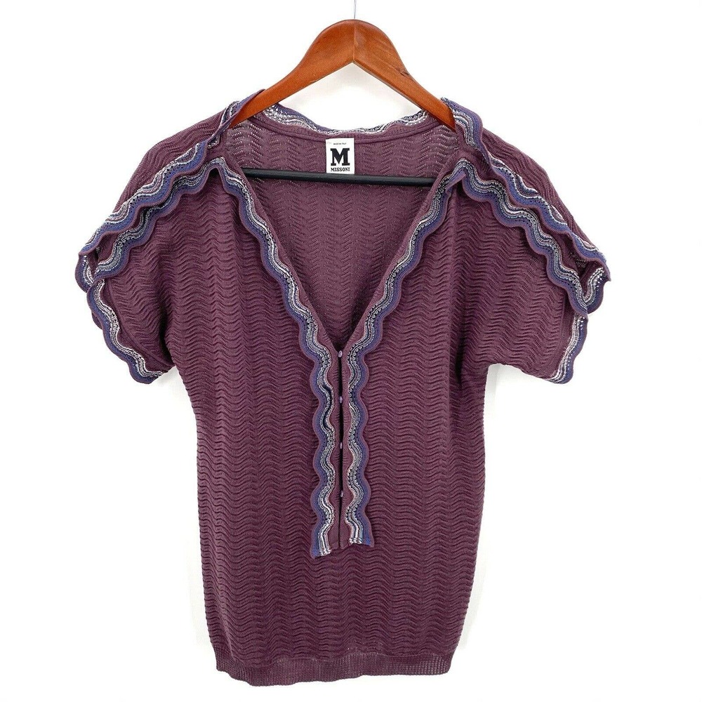 Missoni Plum Wool Blend Knit Scalloped V Neck Top